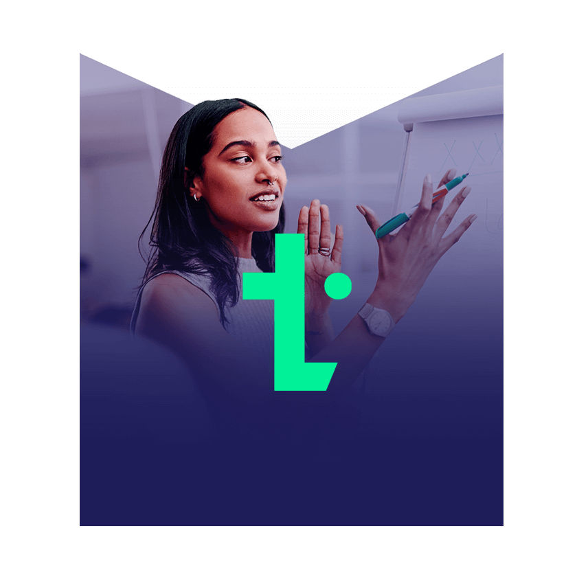 A TechMarketView bookmark logo with an image of a woman giving a presentation set as the interior background.