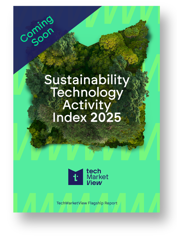 The cover of the Sustainability Technology Activity Index 2025, which is bright seafoam green with a bookmark image made up of treetops as the titlecard. A 'coming soon' banner has been placed over the upper left corner.