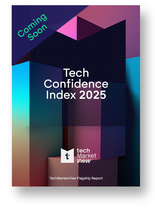The cover of the Tech Confidence Index 2025, which is red, blue and purple with abstract blocks set as the titlecard. A 'coming soon' banner has been placed over the upper left corner.