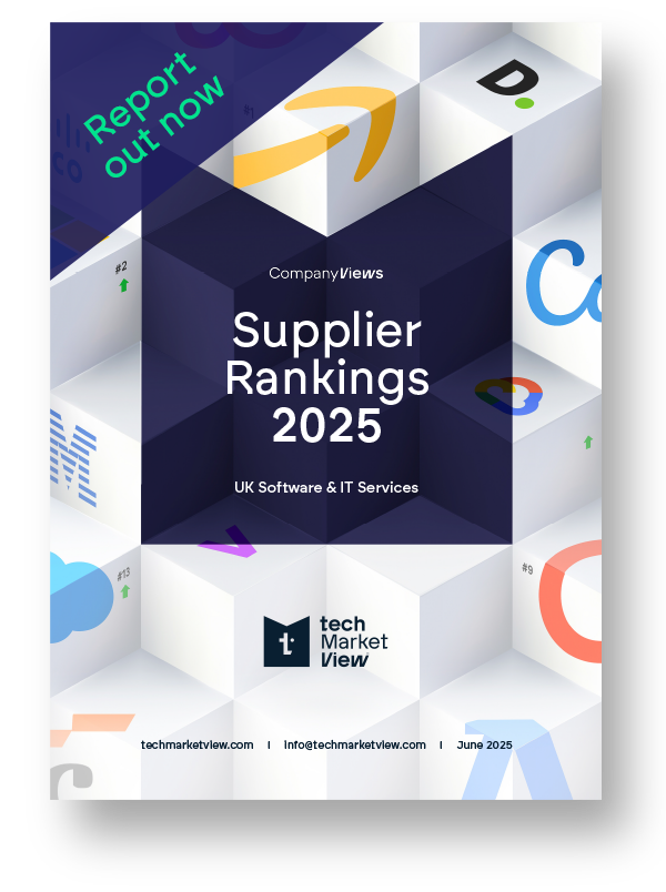 The Supplier Rankings 2025 report cover image - complete with 'report out now' branded across the top-left. The background is made up of white boxes marked with the logos of many technology companies, laid out up the page.